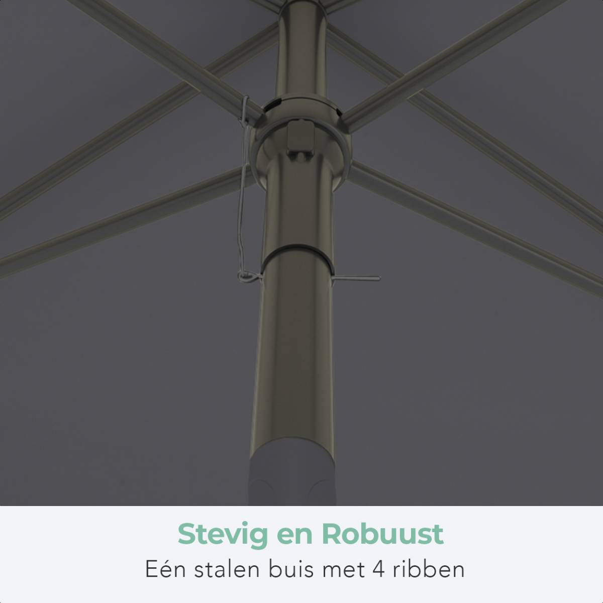 Close-up van de centrale paal en ribben van de parasol, met tekst onderaan.