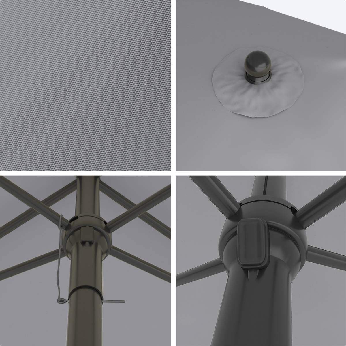 Close-ups van de stof, de bovenkant en structurele details van de parasol.