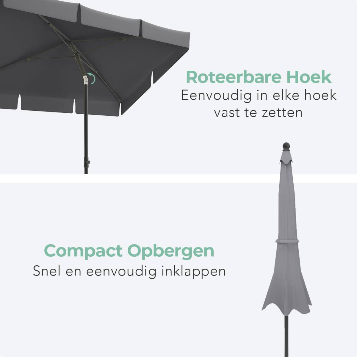 Close-up van een grijze parasol, met tekst die de kenmerken en hoe op te vouwen beschrijft.