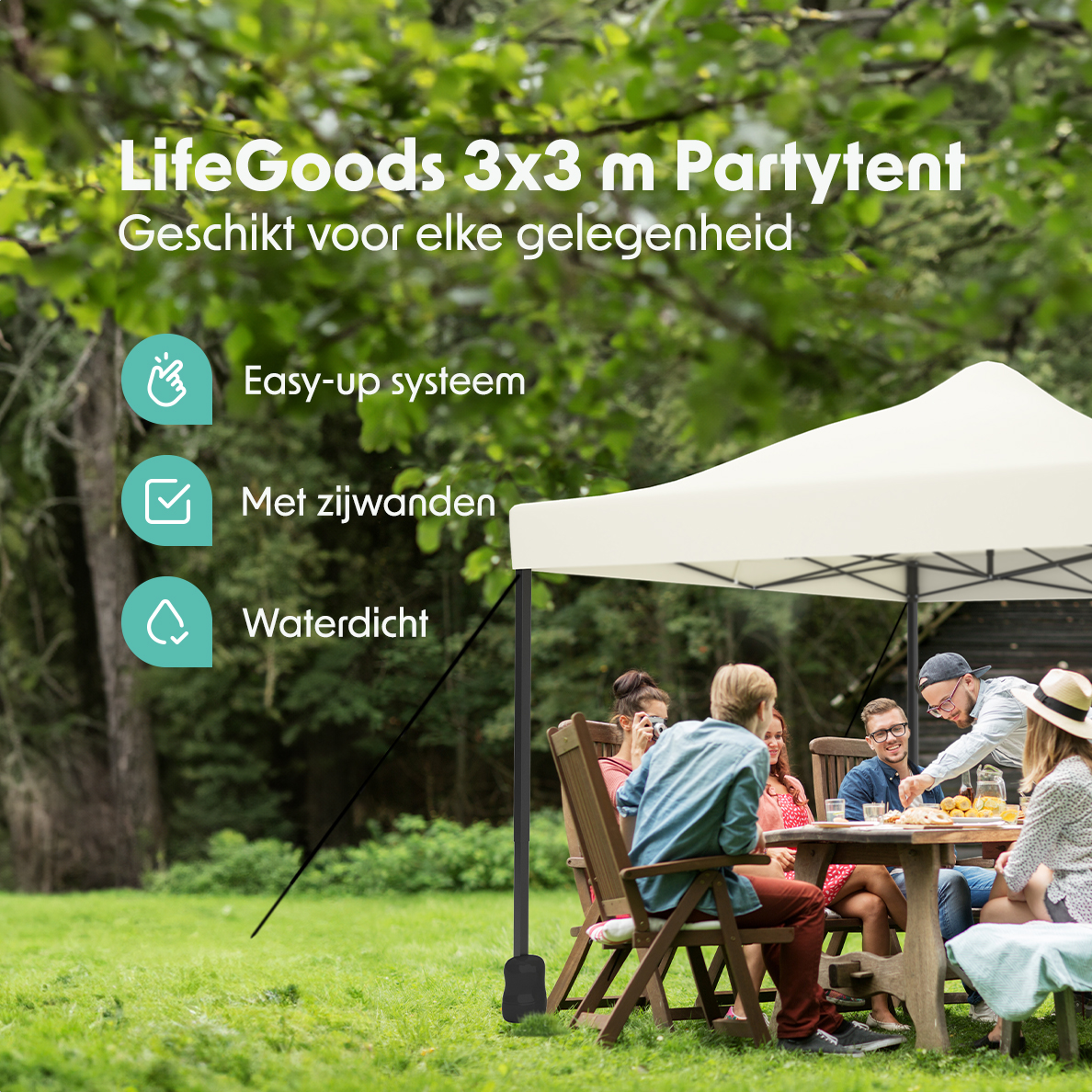 Party tent with people at a table. Text: Easy-up system, with side walls, waterproof.