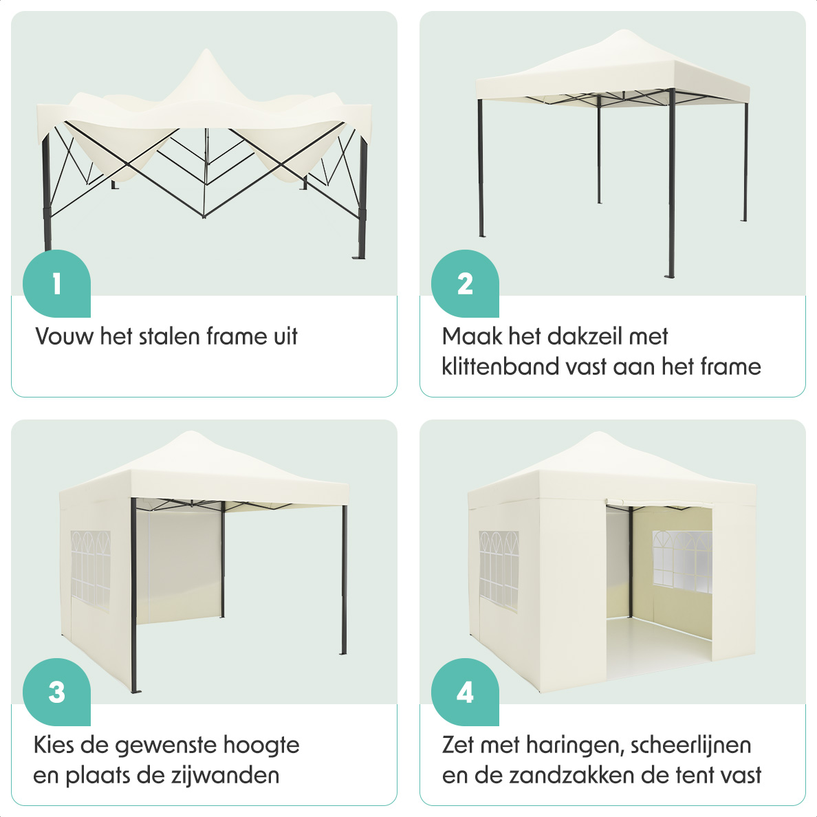Four steps to assemble a tent: Unfold frame, attach roof, choose height, and secure with stakes.