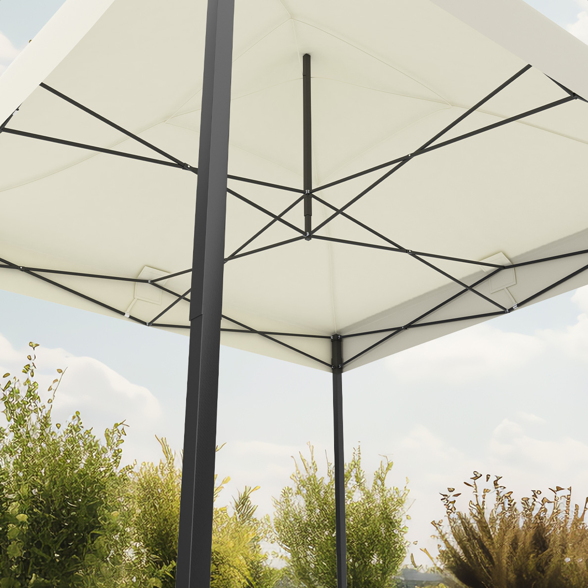 Close-up of a tent roof. Black frame, white fabric, blue sky, and green trees in the background.