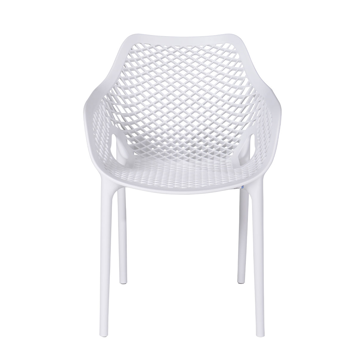 White plastic chair with diamond lattice back and seat, four legs, isolated on white background.