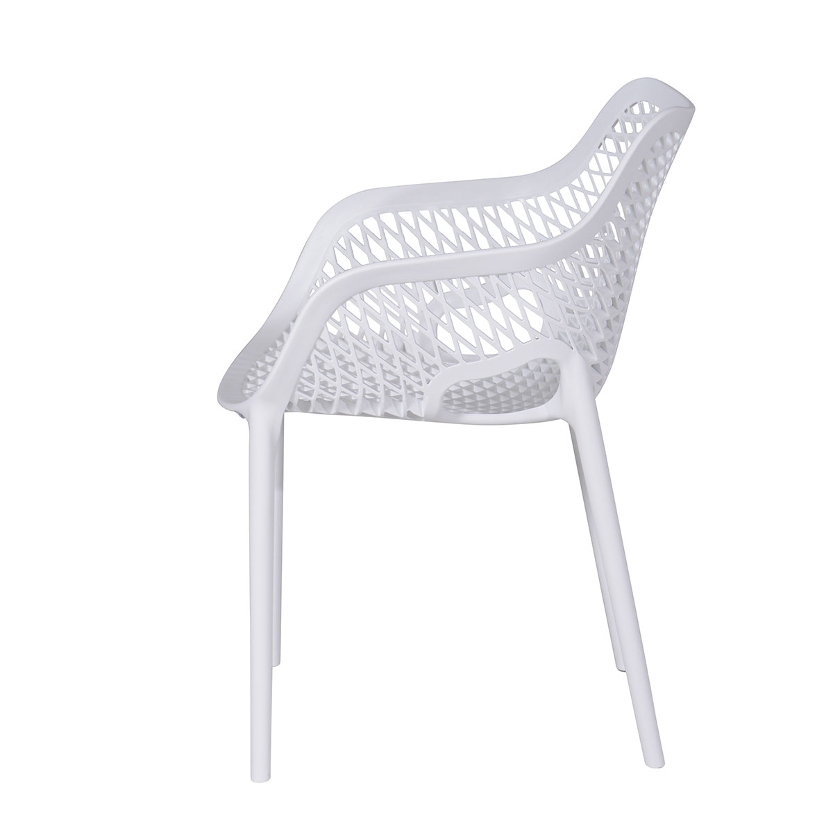 White plastic chair, side view. Open design, on white background.