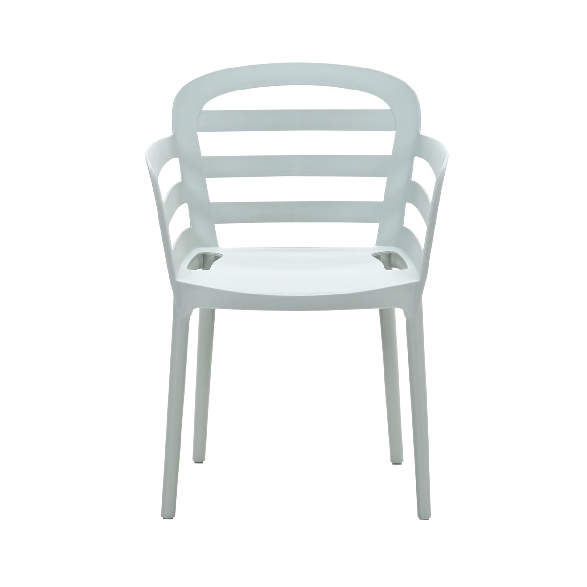 White plastic chair with horizontal slats. Armrests, on white background.