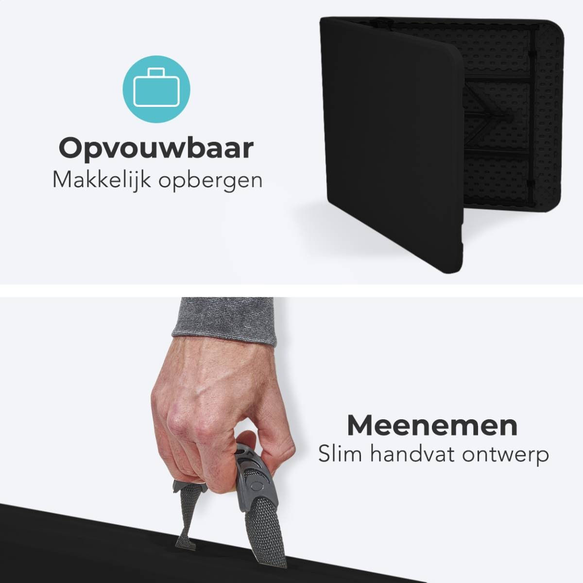Klaptafel, opgevouwen. Tekst zegt 'Makkelijk op te bergen' en toont een handvat.