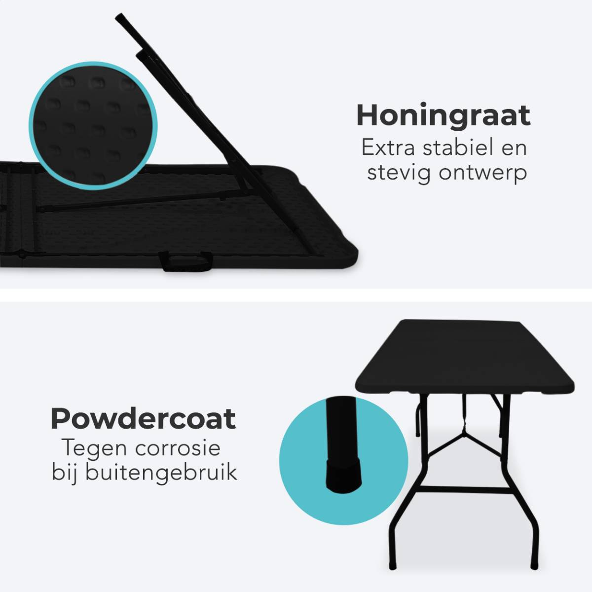 Details van de klaptafel. Toont honingraatontwerp, corrosiebestendigheid en een zwarte tafel.