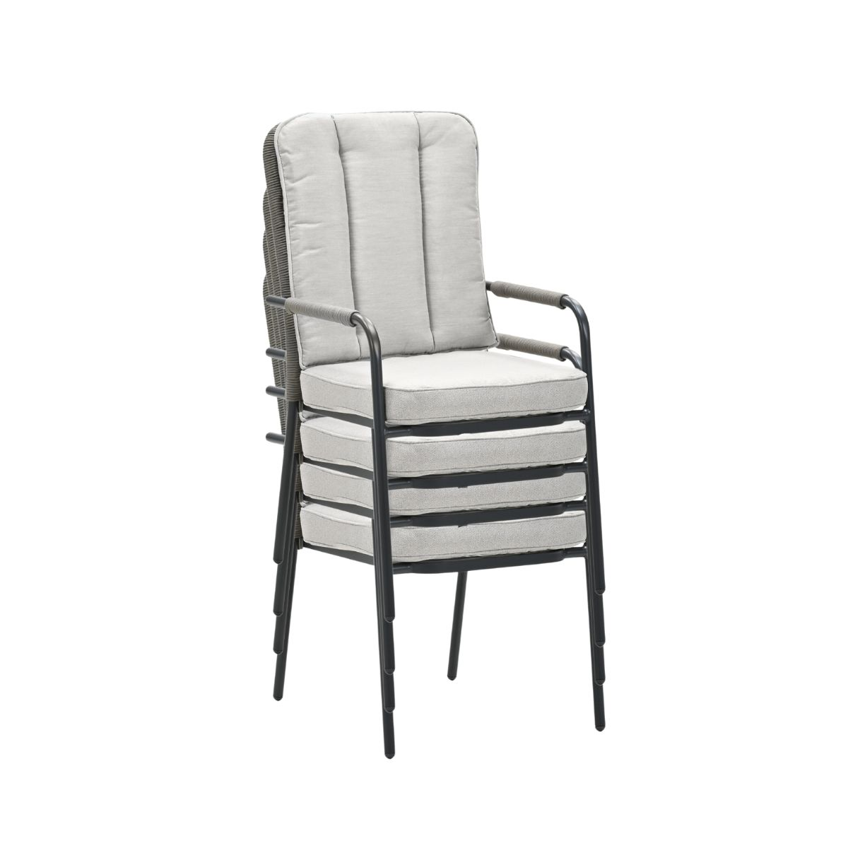 Stack of chairs with light grey cushions and black frames.