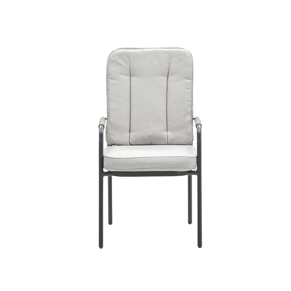 A light gray outdoor chair with a cushion, set against a white background.