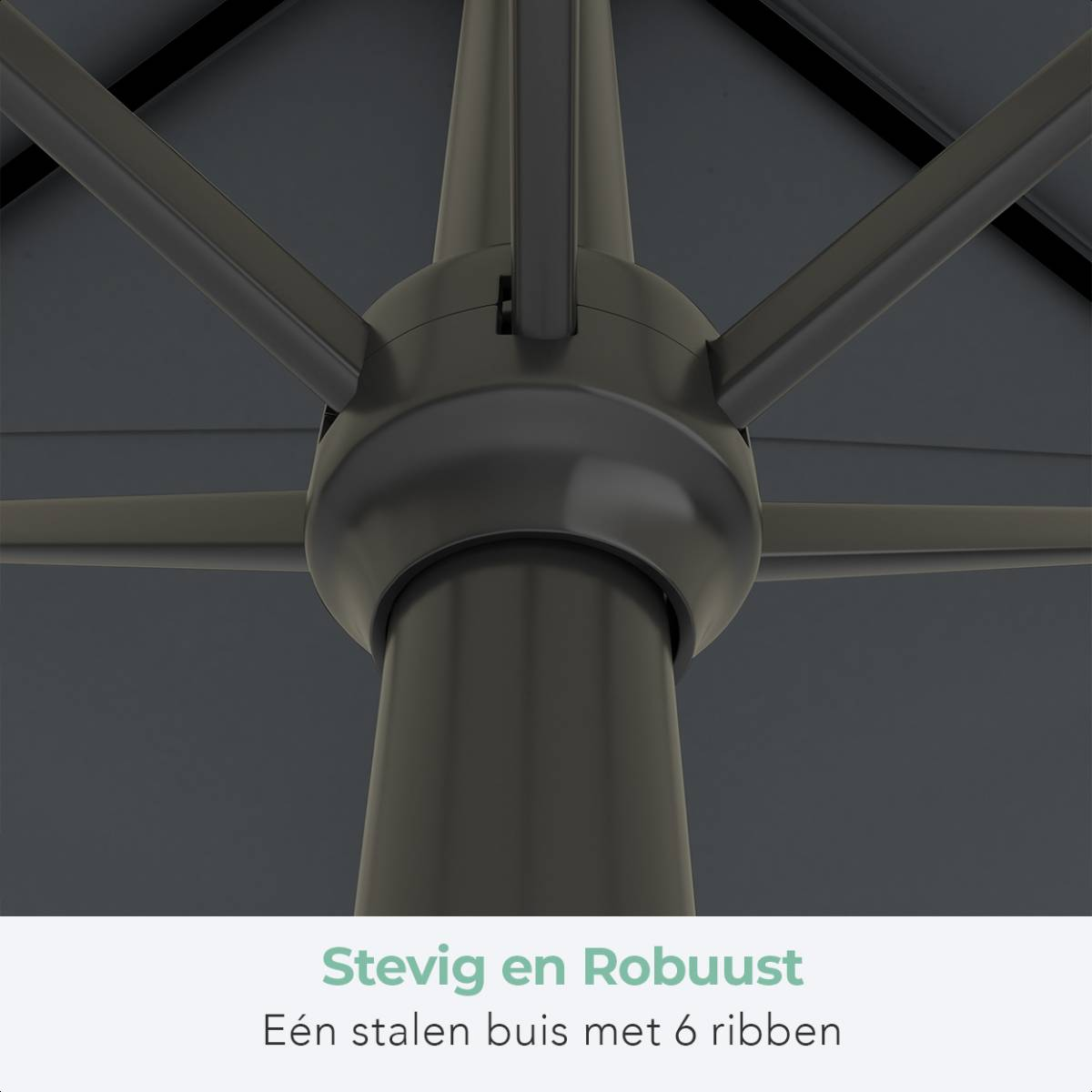 Close-up van de centrale paal en ribben van een parasol.