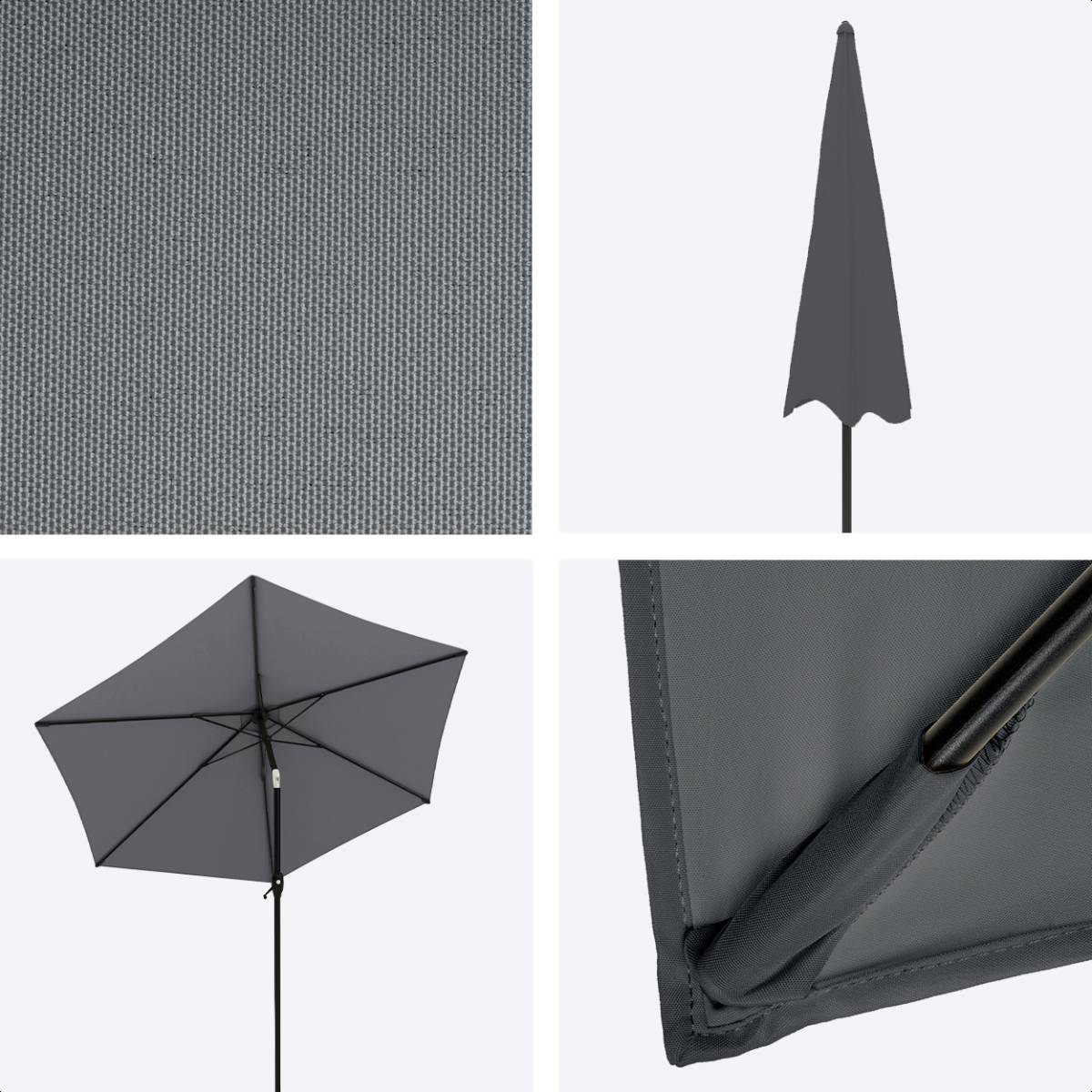 Vier afbeeldingen van een grijze parasol: stofdetail, gesloten bovenkant, geopende parasol en een detail van de stofnaad.