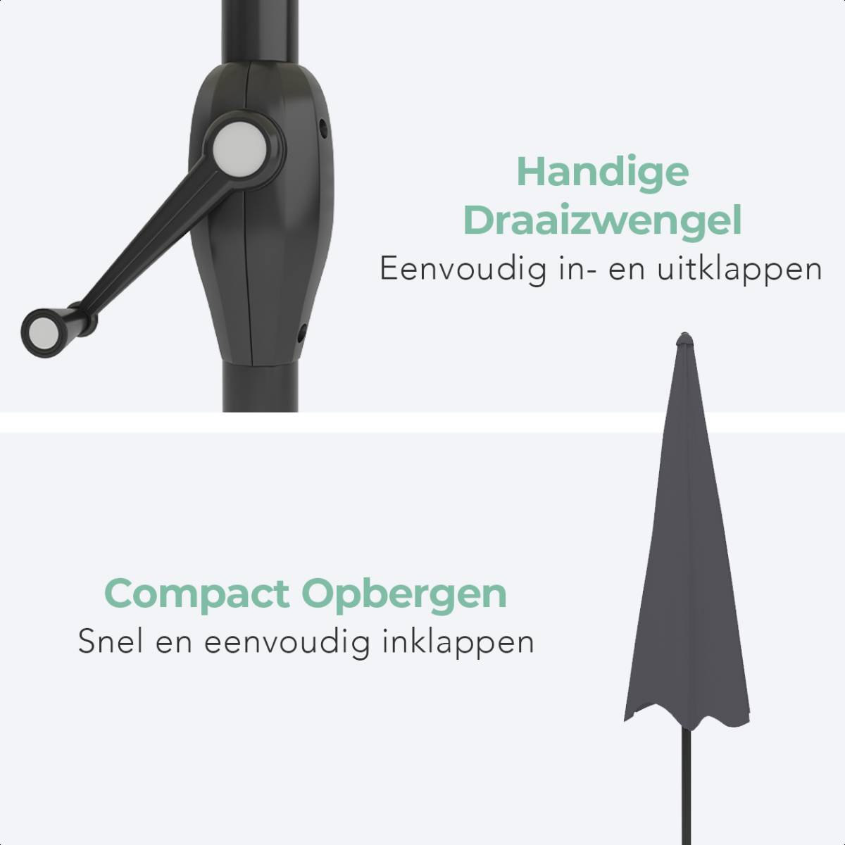 Close-up van het mechanisme om een grijze parasol te openen en te sluiten.