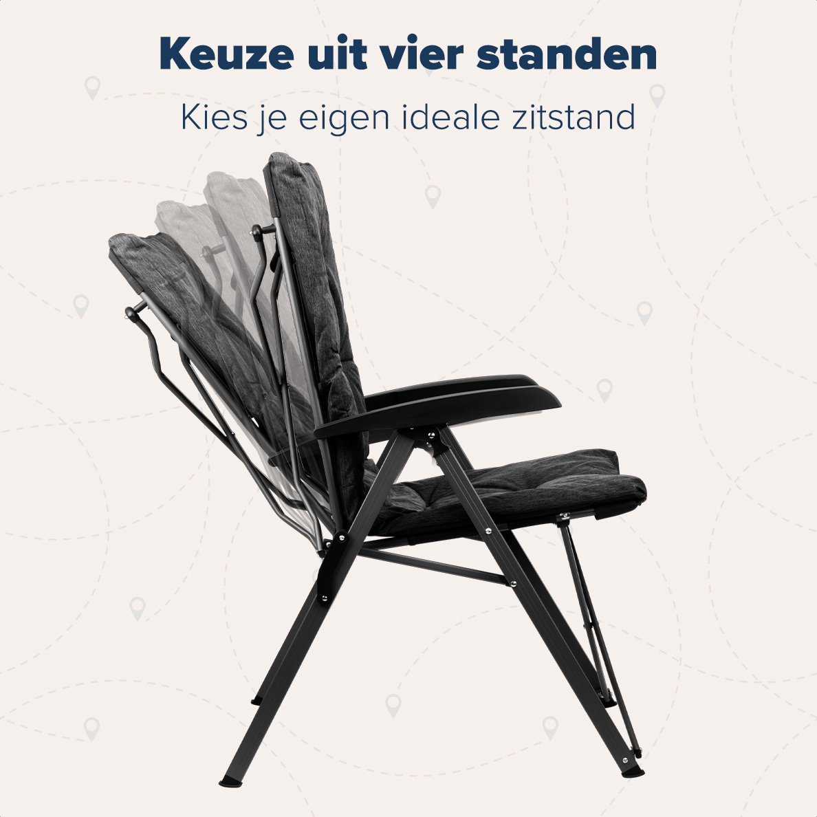 Campingstoel met verschillende ligposities. De stoel is zwart, met een gewatteerde zitting en zwart frame.
