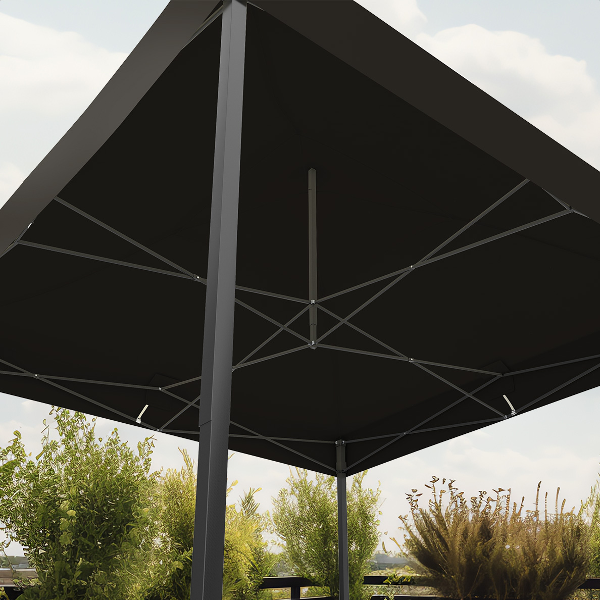 Underside view of a black square outdoor umbrella. Shows the frame and the structure.