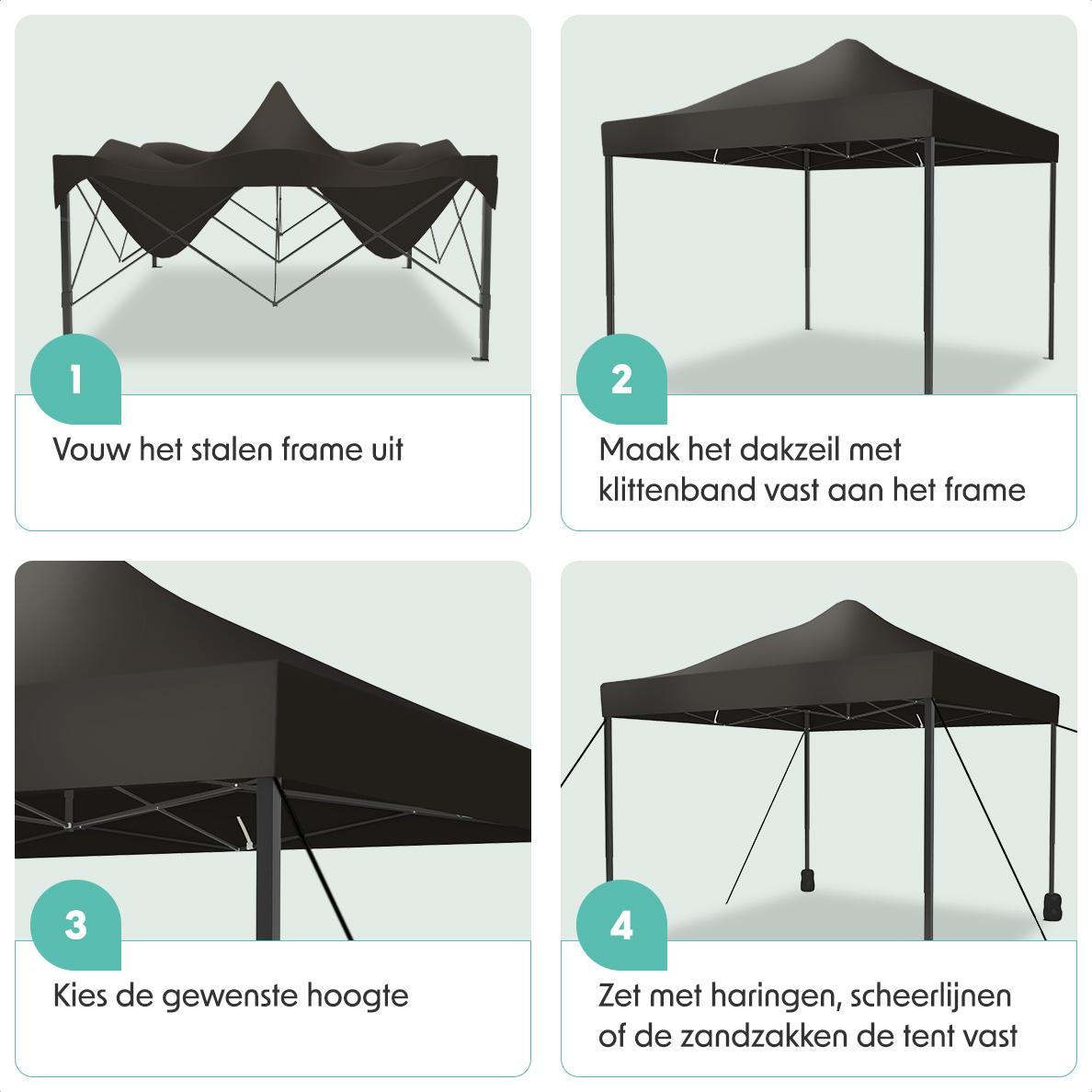 Diagram showing the assembly steps of a black pop-up tent. Four steps are illustrated.