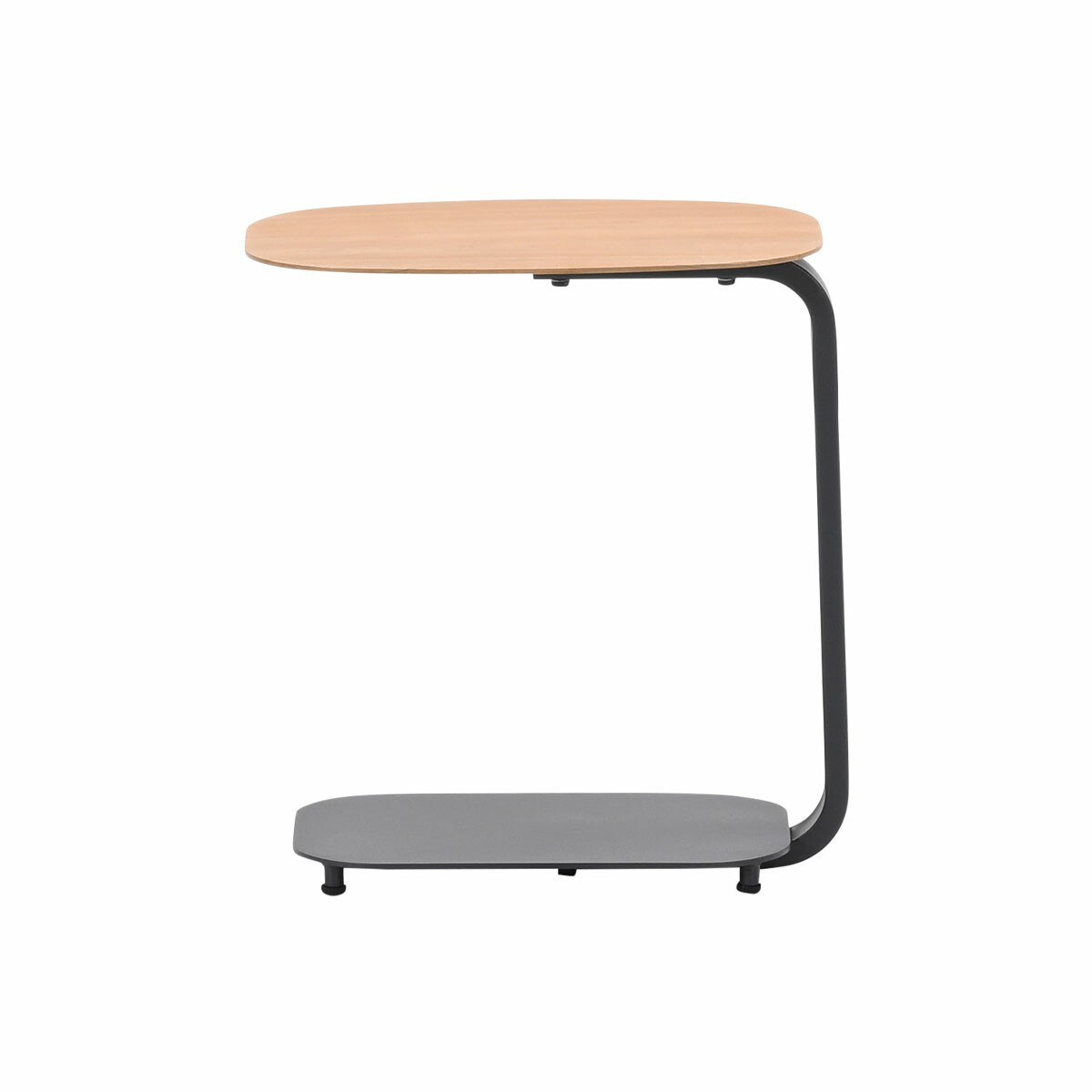 Petite table d'appoint avec dessus en bois clair et cadre noir.
