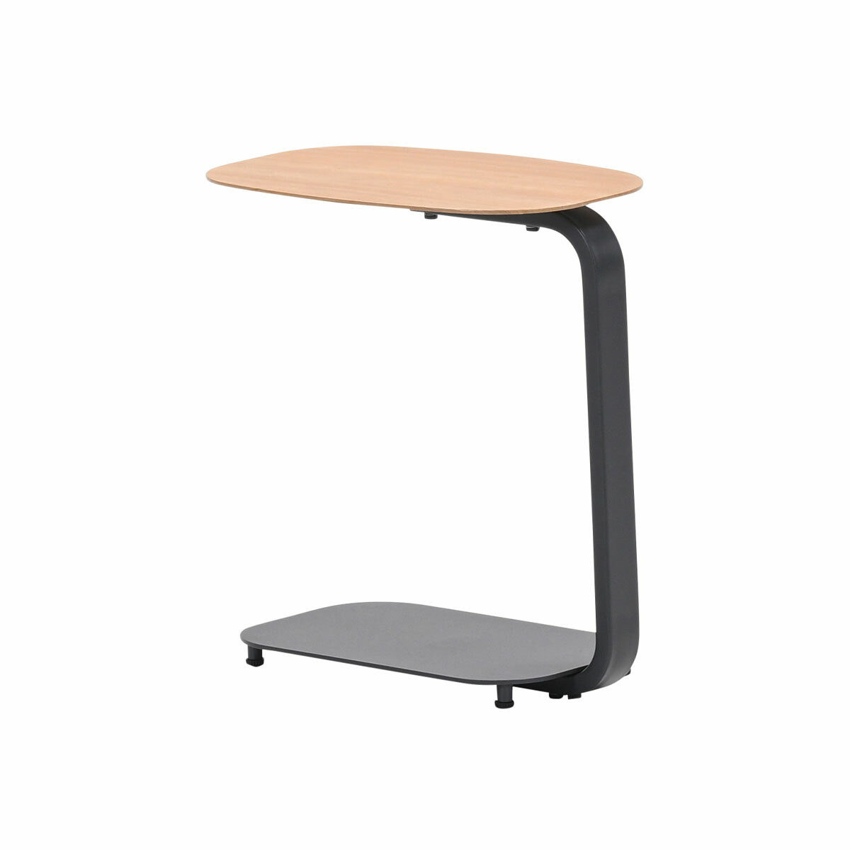 Une petite table d'appoint avec un plateau en bois et un cadre en métal noir courbé.