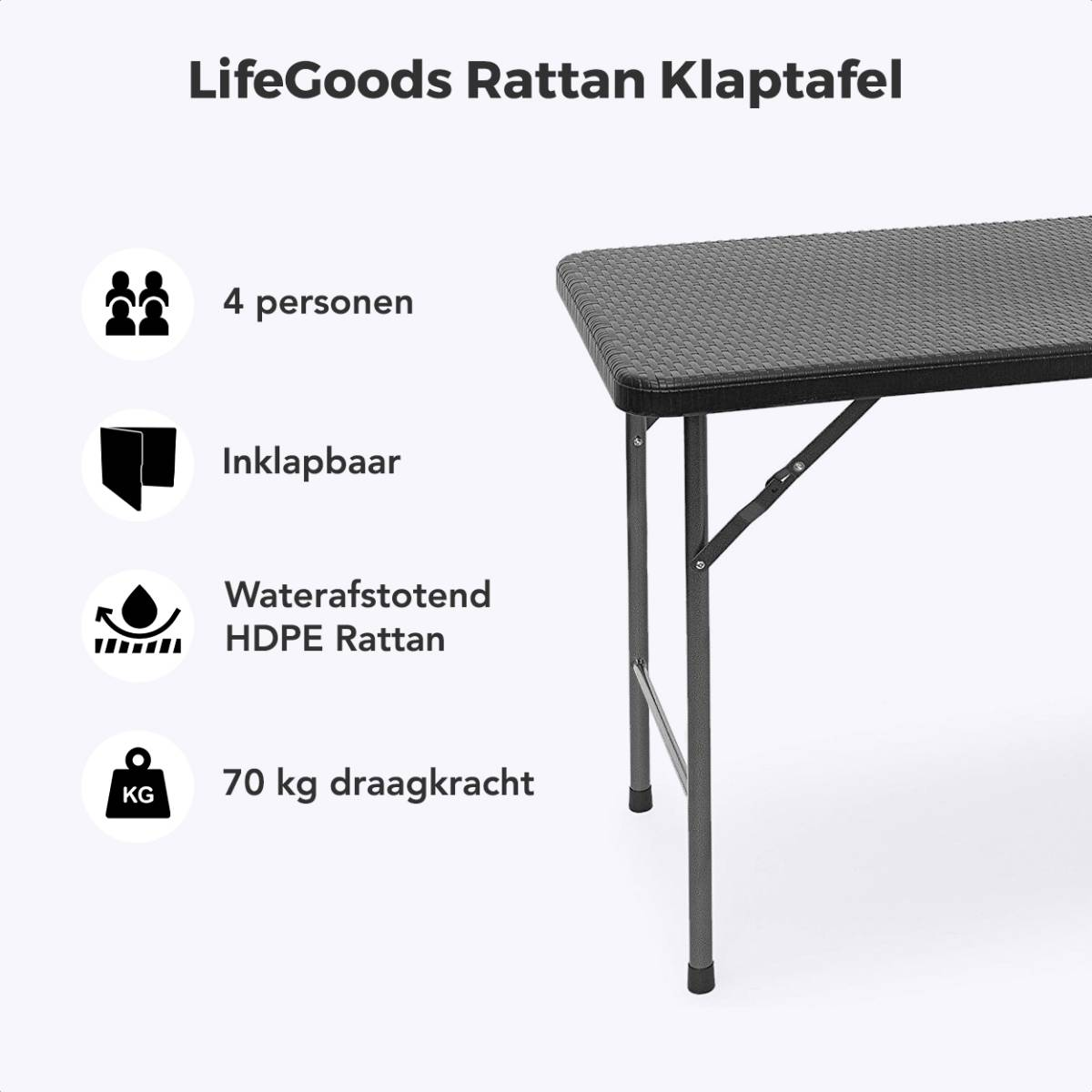 Close-up van een zwarte klaptafel met tekst die de kenmerken aangeeft: opvouwbaar, waterdicht en 70 kg capaciteit.