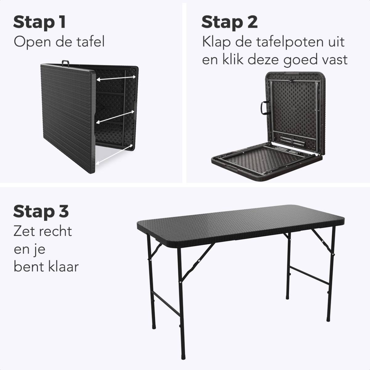 Gids in drie stappen om een zwarte tafel op te vouwen. Toont stappen om te openen, poten te vergrendelen en rechtop te zetten.