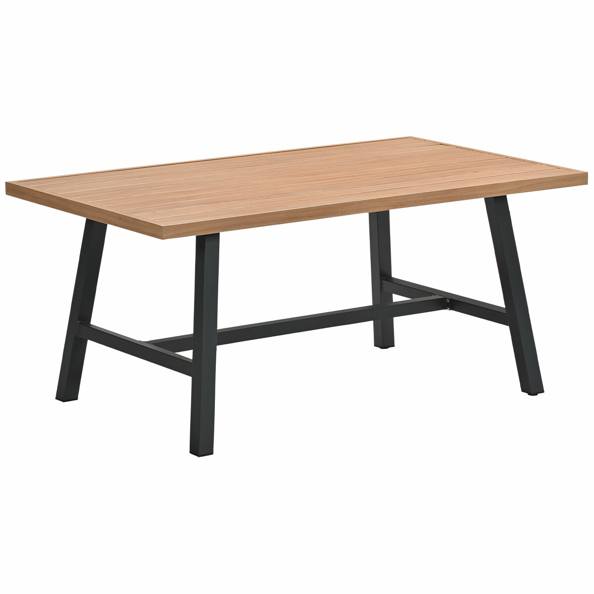 Wooden table with black metal legs. The table has a rectangular shape.