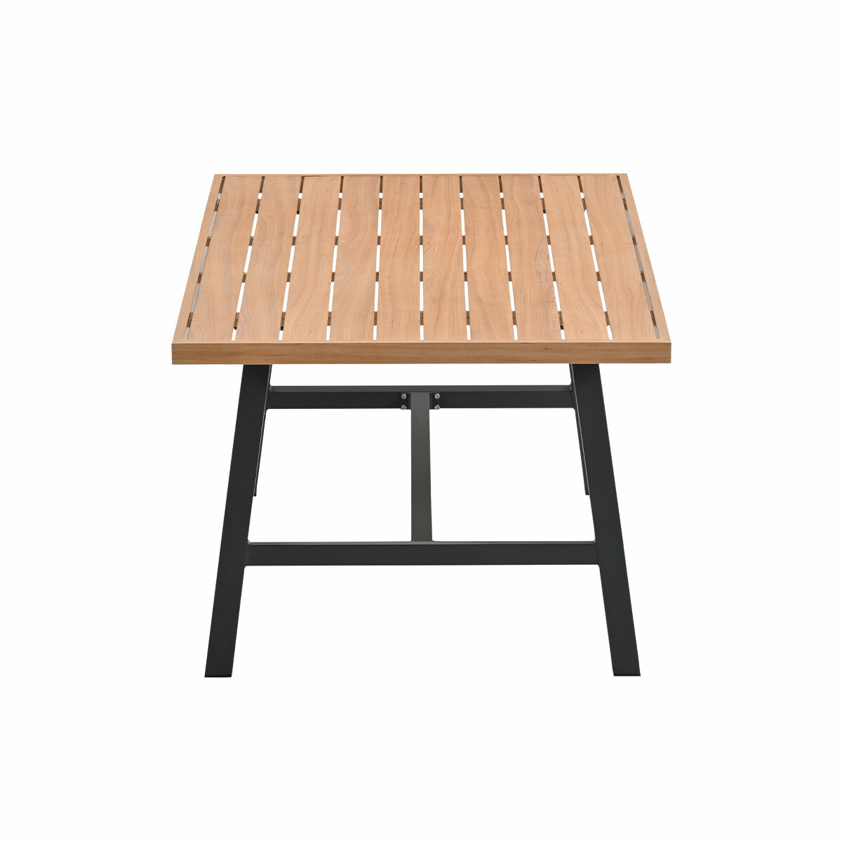 A wooden outdoor table with a slatted top and a black metal frame, isolated against a white background.