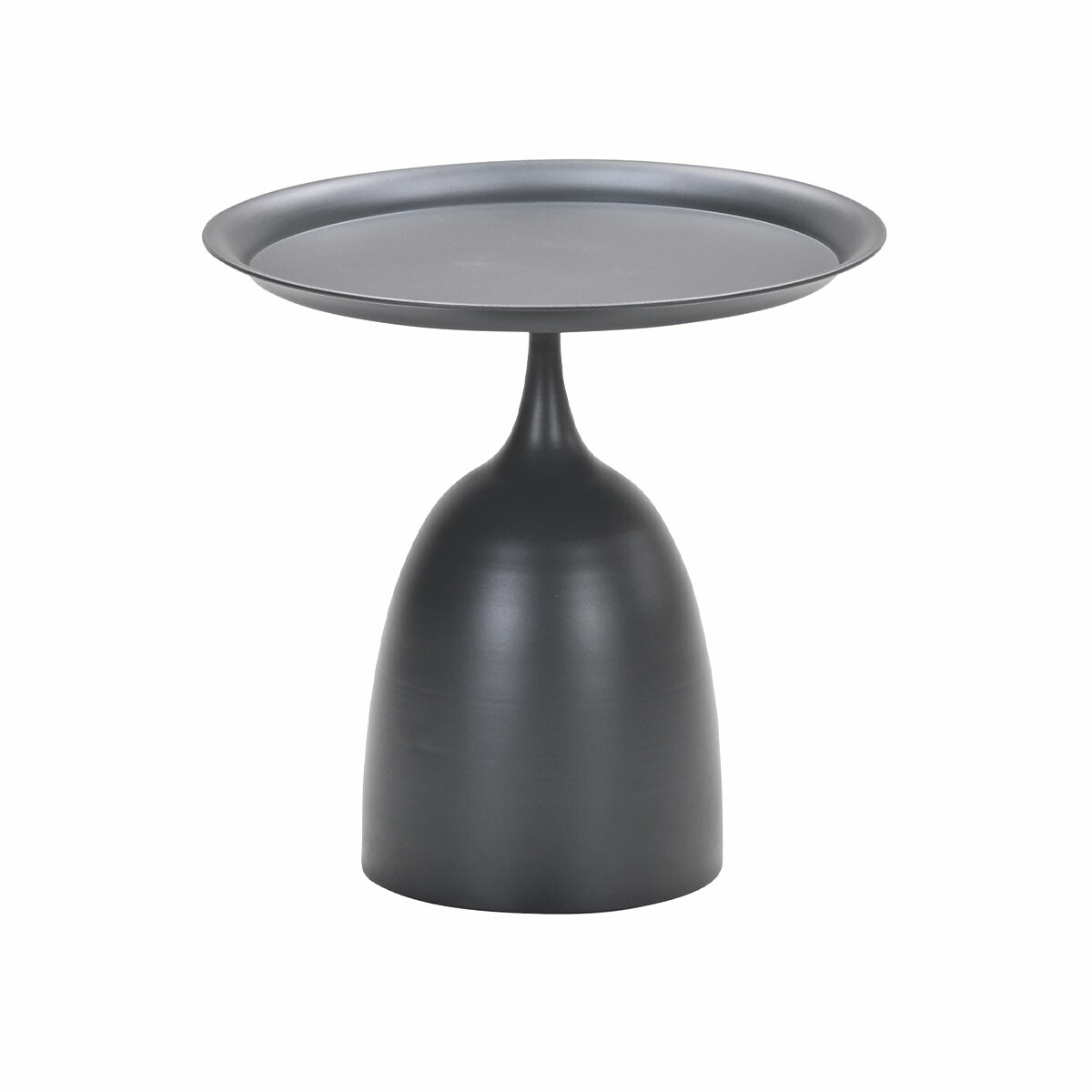 Une table ronde noire avec une base de piédestal. La surface est plate.
