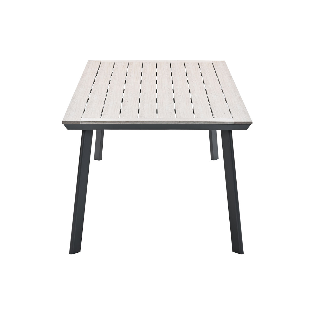 A rectangular wooden table with black legs, shown from an overhead view. The table has a light, slatted surface.