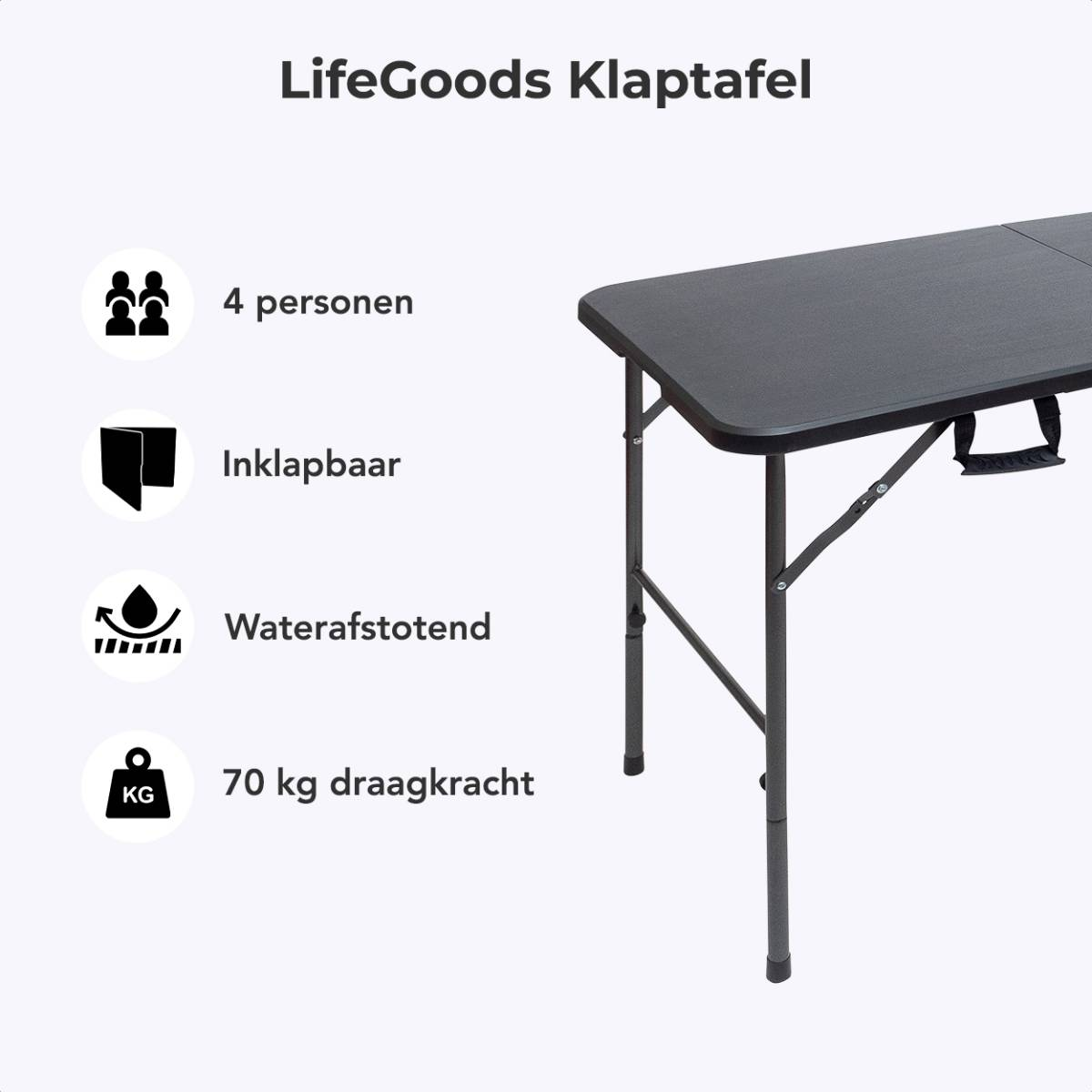 Een zwarte klaptafel met pictogrammen die kenmerken aangeven.