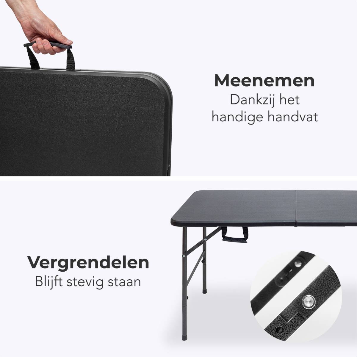 Close-up van een zwarte klaptafel en vergrendelingsmechanisme.