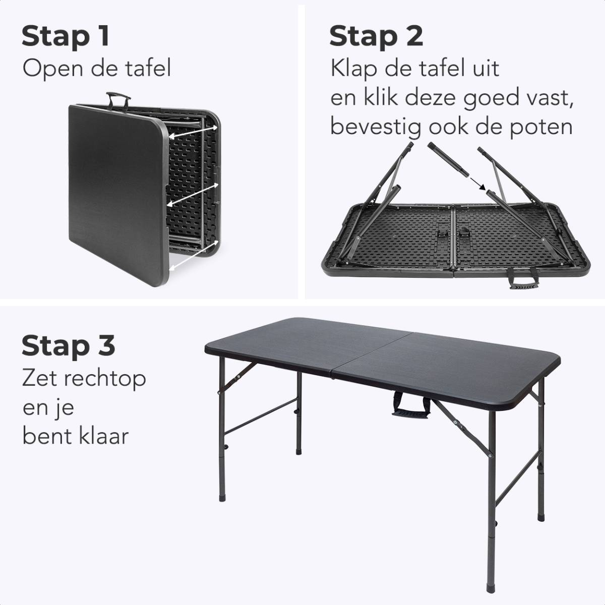 Stappen om een zwarte klaptafel te openen, uit te vouwen en op te zetten.