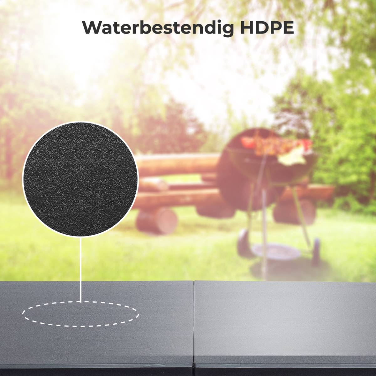 HDPE-tafeloppervlakdetail, met vage achtergrond van grill en groen.