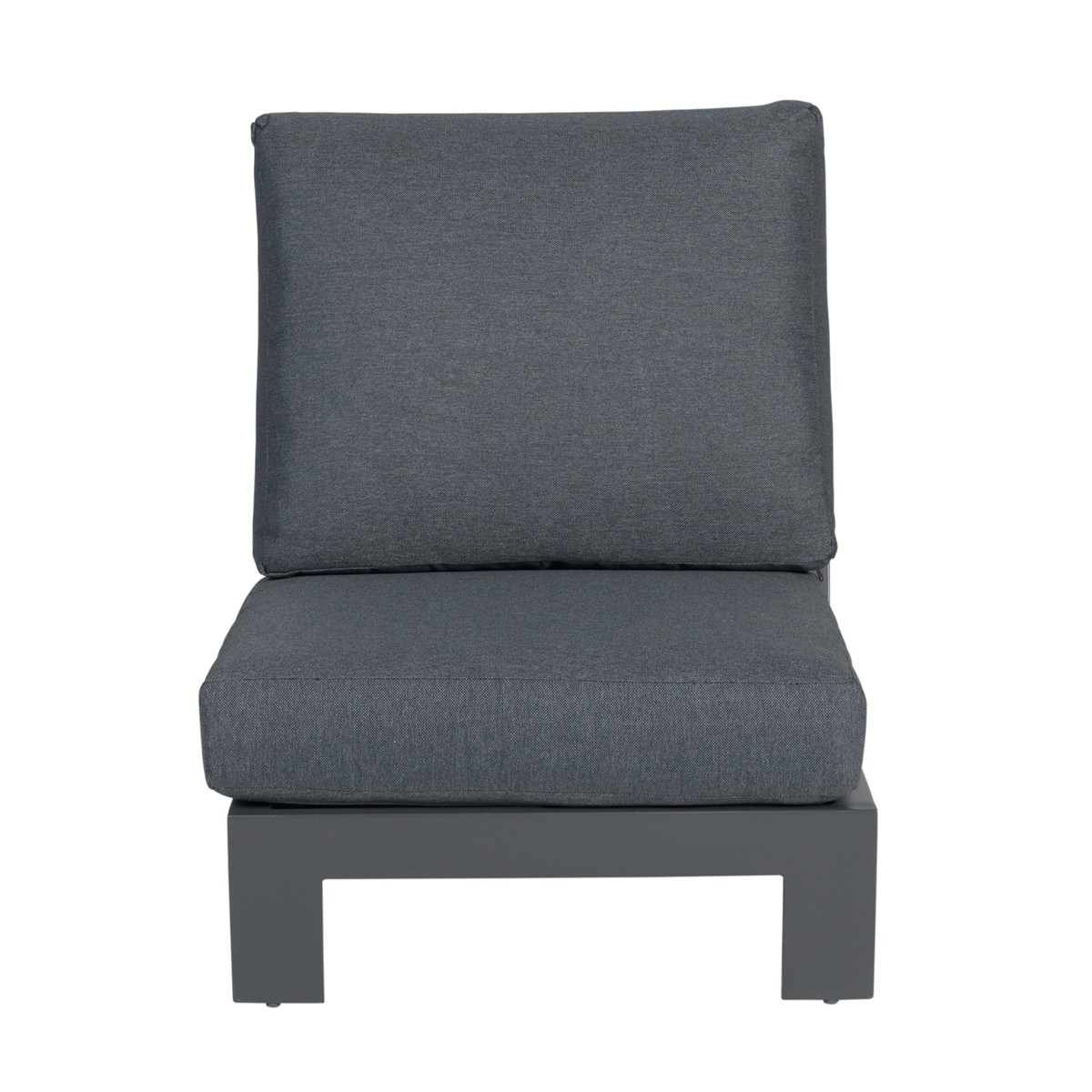 Grey outdoor chair, cushion and seat in front view.