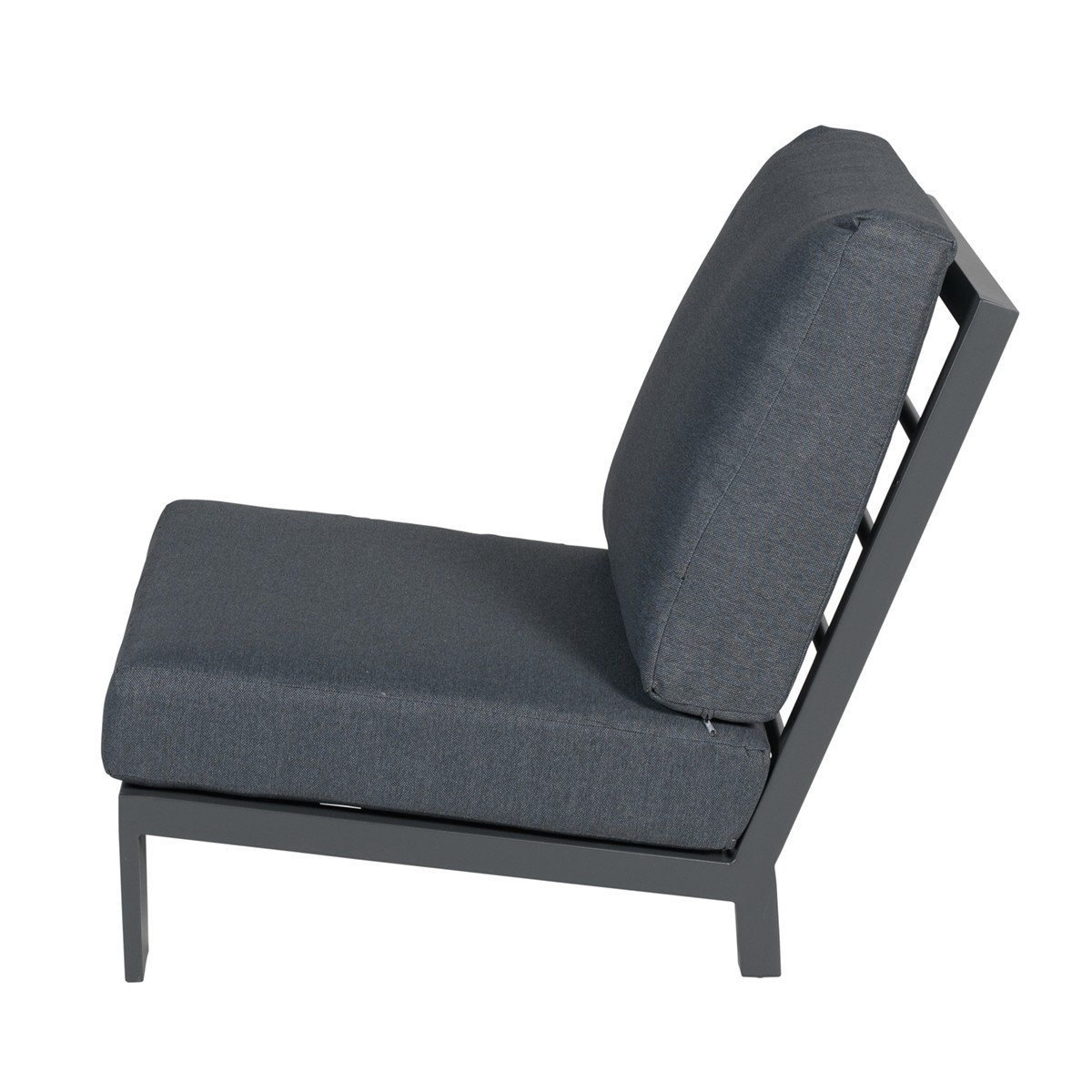 A gray chair with a cushion and backrest, set against a white background.