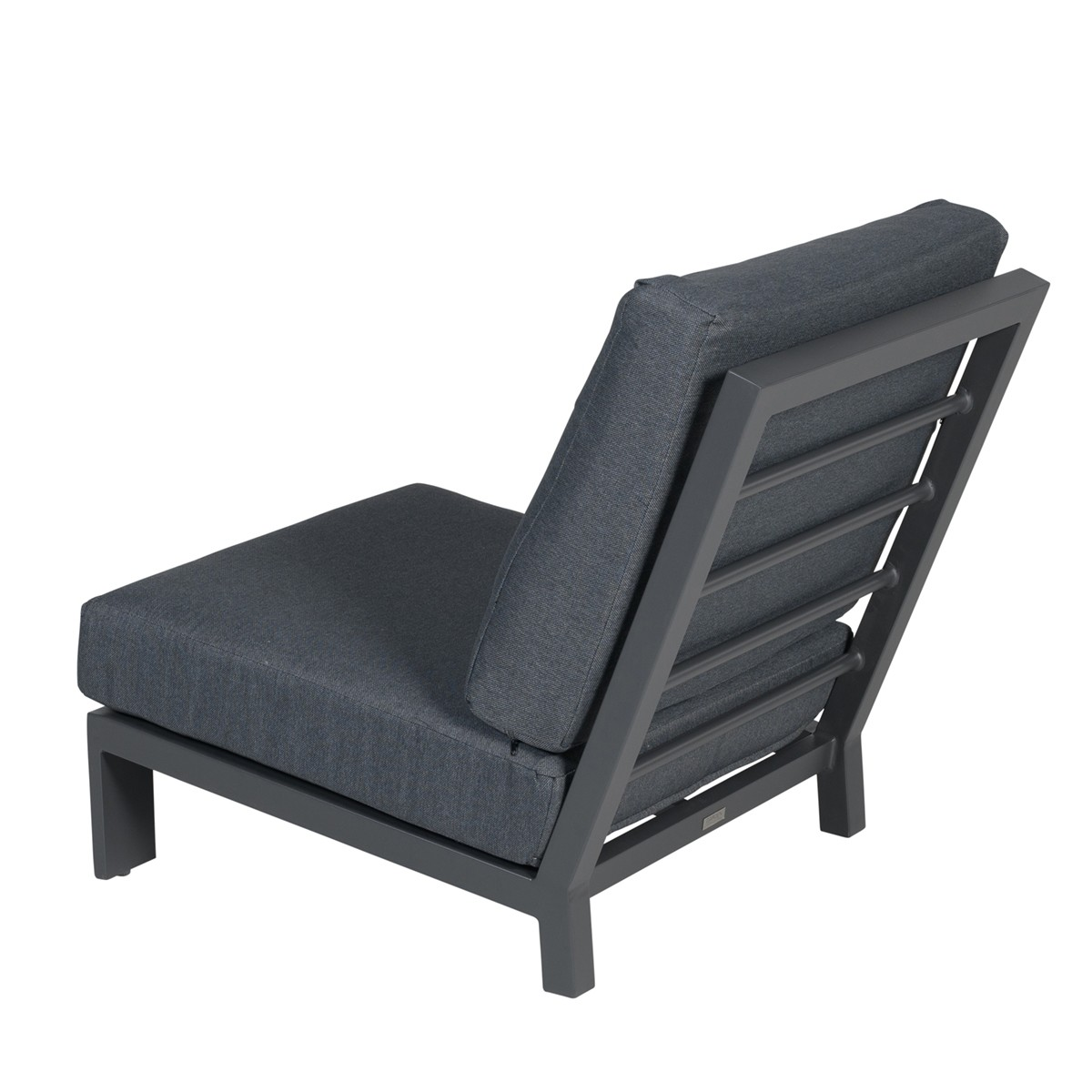 Grey outdoor chair, back view, with grey cushions and metal frame.