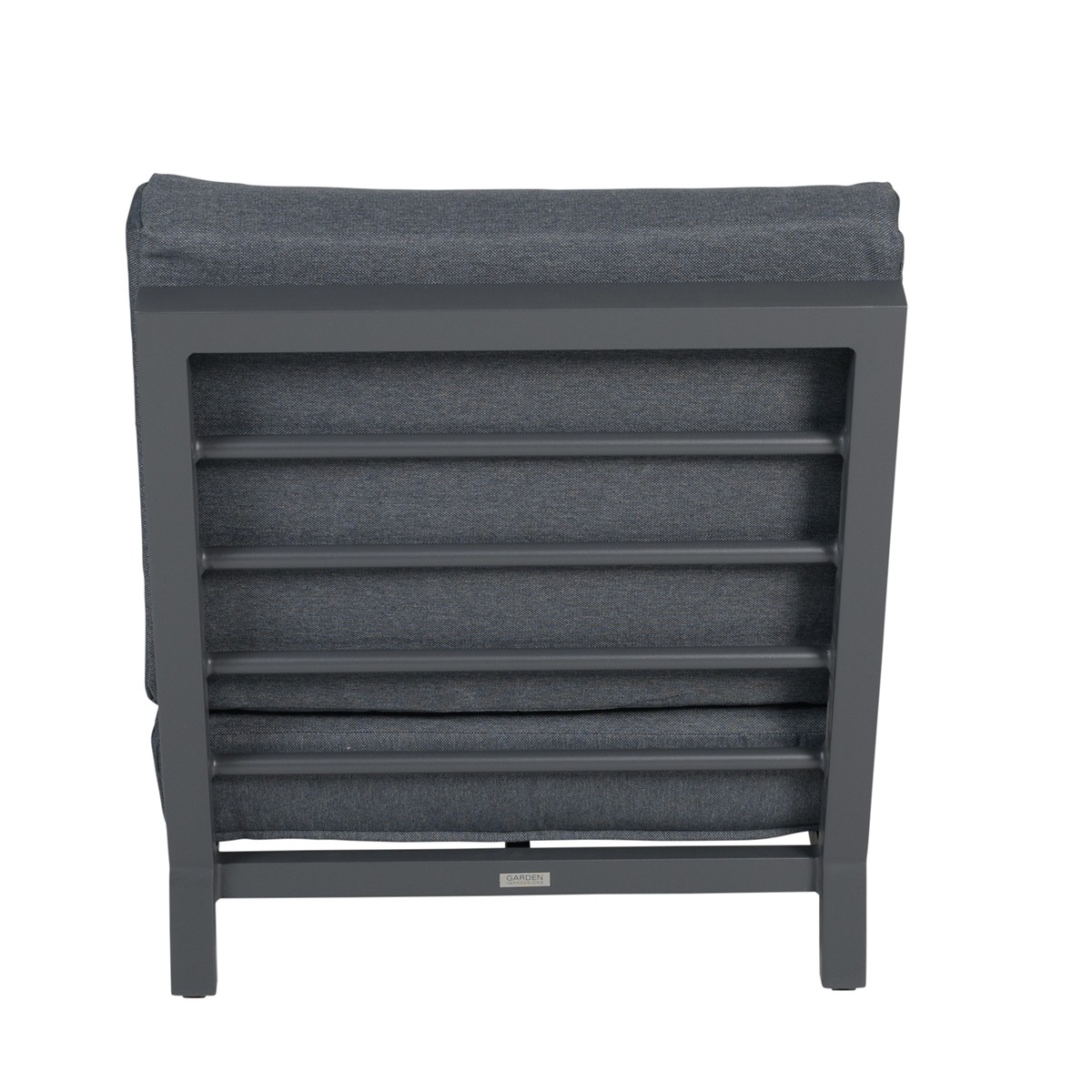 Back view of a gray chair with a cushion and horizontal bars.