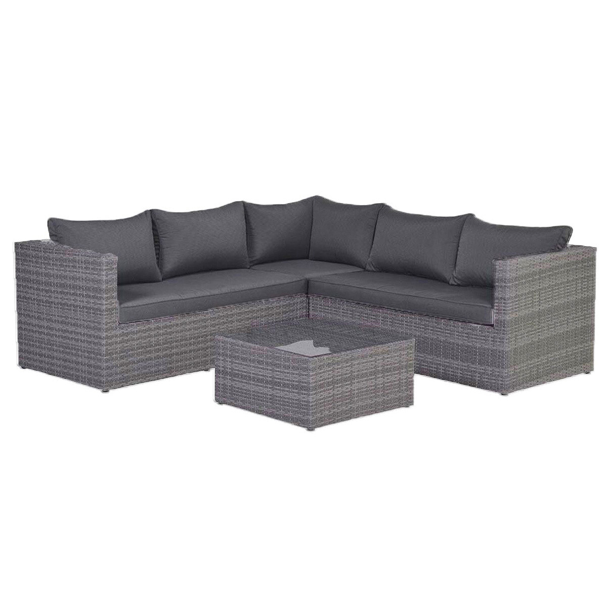 Grijze rotan hoekbank met kussens en een vierkante salontafel op een witte achtergrond.