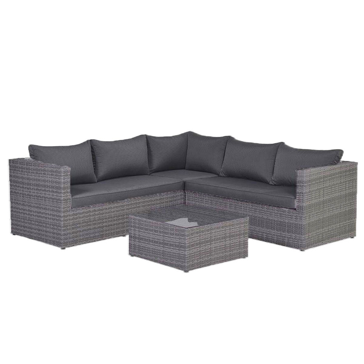 Grijze rotan hoekbank met kussens en een vierkante salontafel.