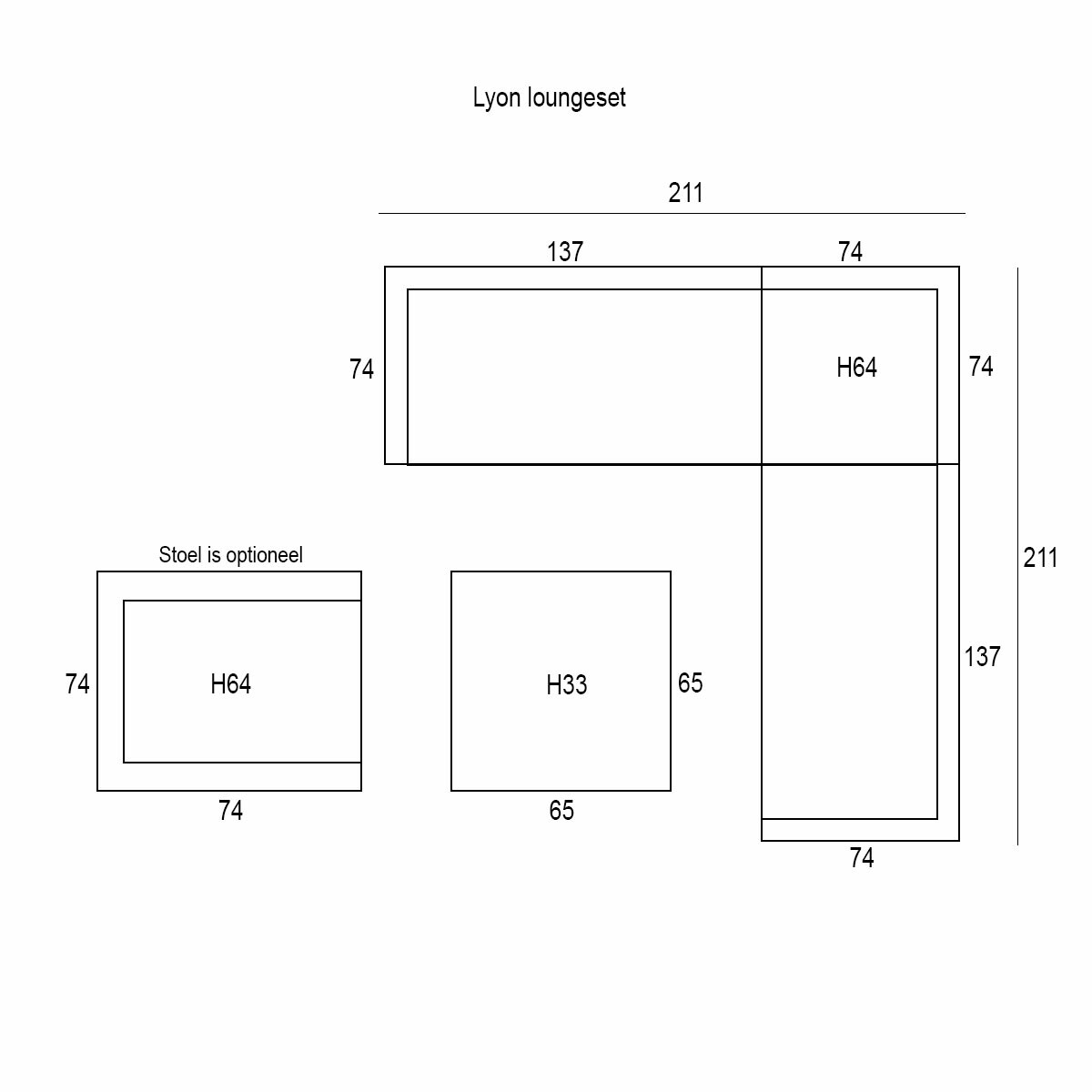 Diagram of a L-shaped outdoor sofa with dimensions.