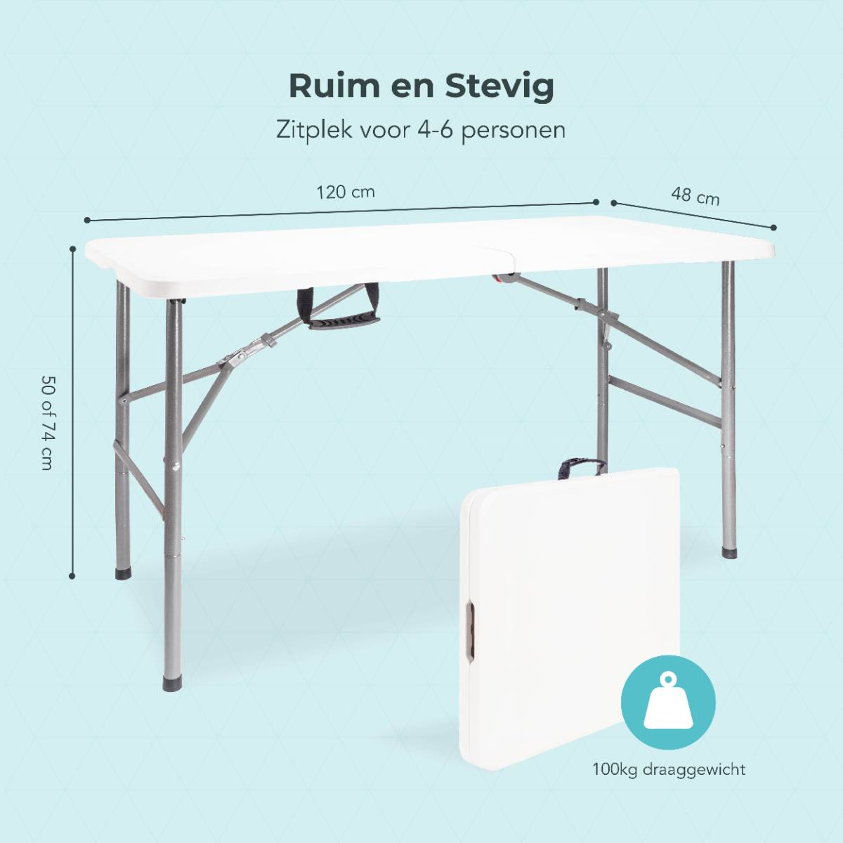 Witte klaptafel met afmetingen, opgevouwen en uitgevouwen, en tekst over gewicht.