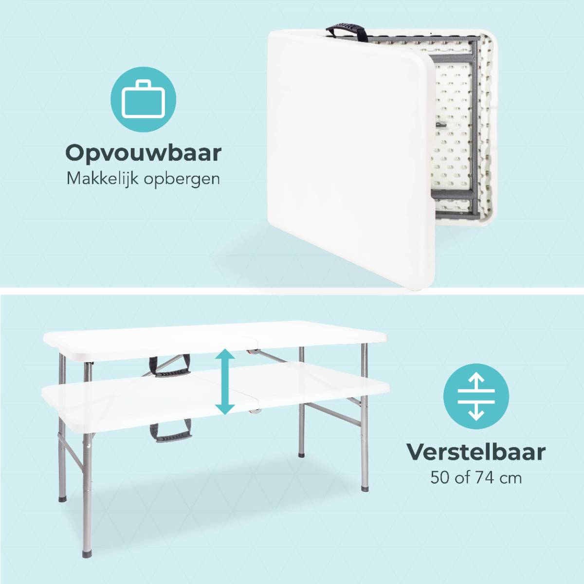 Een witte klaptafel, opgevouwen en geopend met verstelbare hoogte.