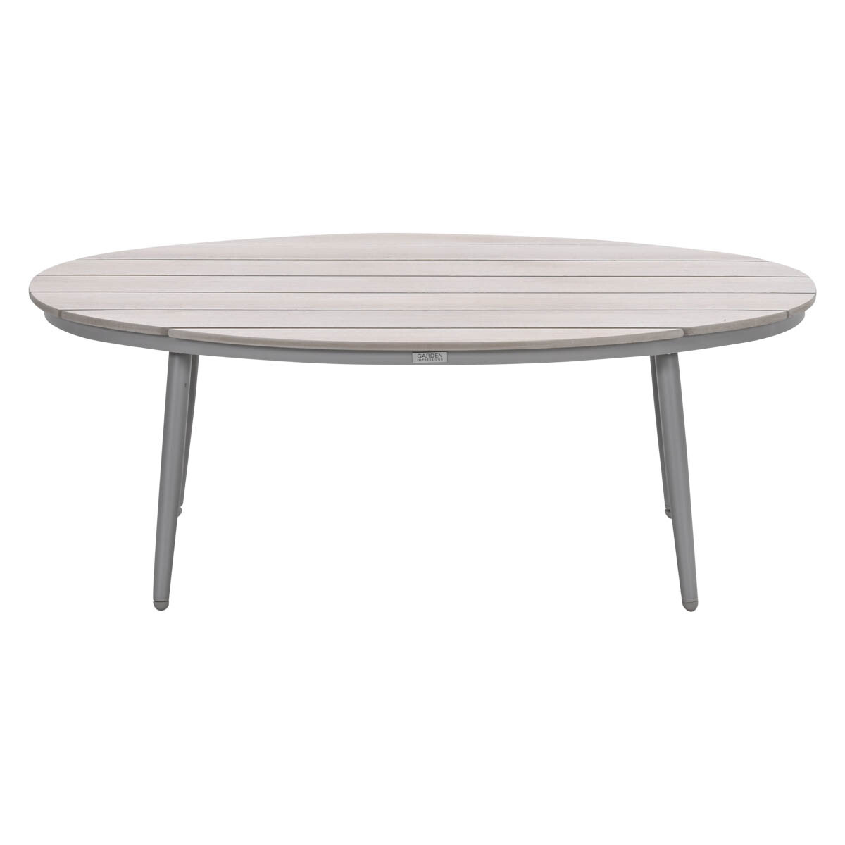 Oval, light-wood slatted table with gray frame and legs. White background.