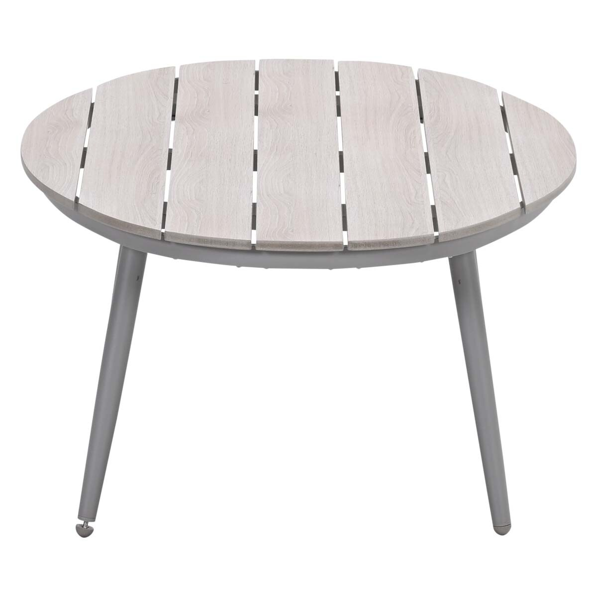 Small, round table with light wood slats, gray frame and legs. White background.