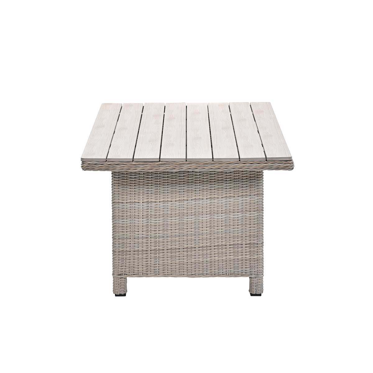 Square wicker table with light wood slats. White background.