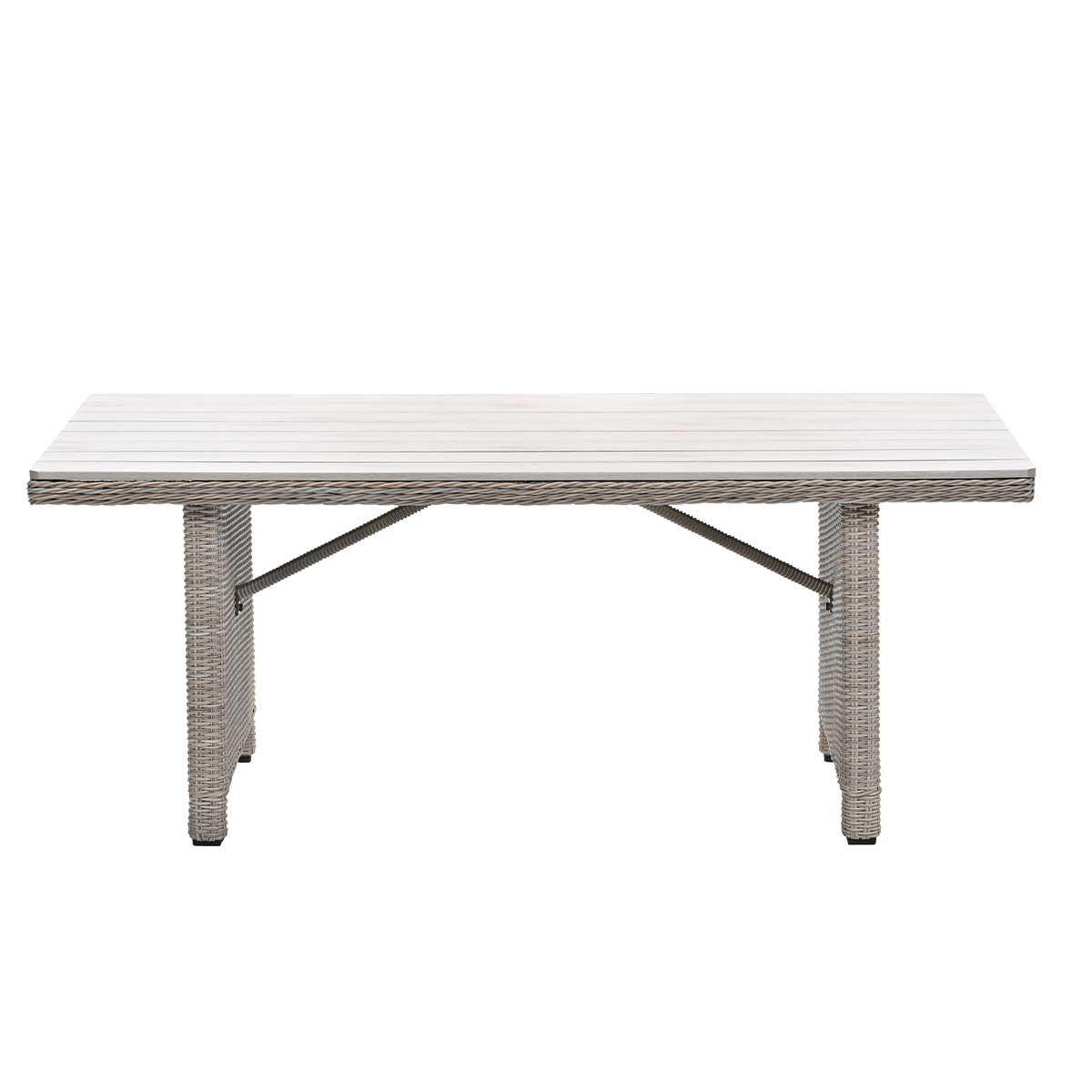 A rectangular table with a light gray top and gray legs, white background.