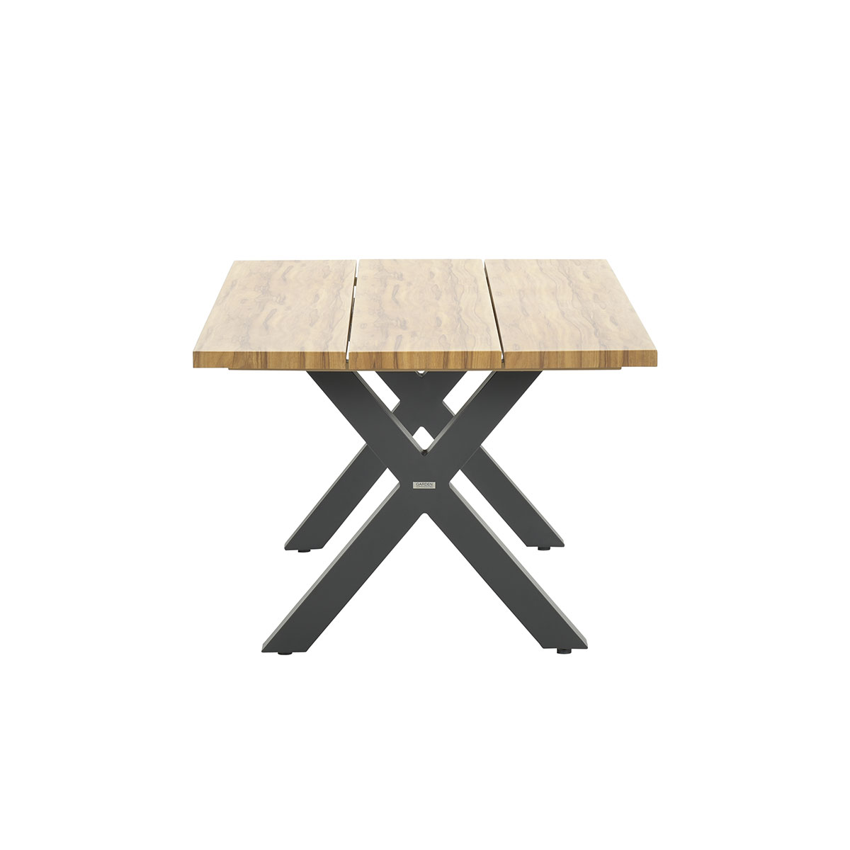 A wooden table with three wooden planks and dark gray X-shaped legs, on a white background.