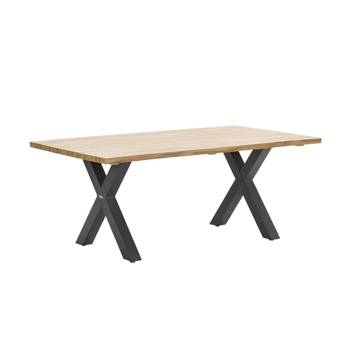 A rectangular wooden table with dark gray legs, set against a white background.