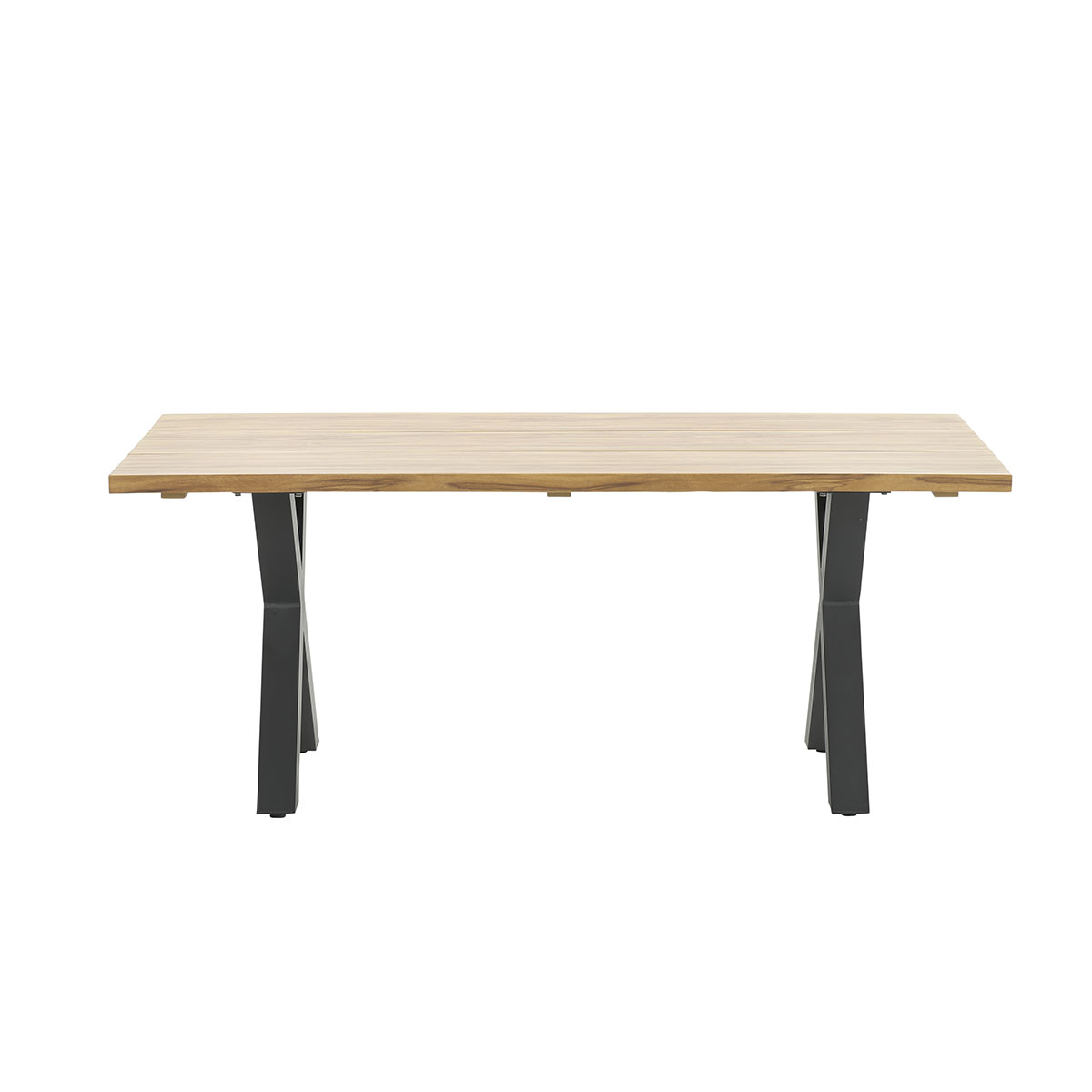Rectangular wooden table with dark gray X-shaped legs, on a white background.