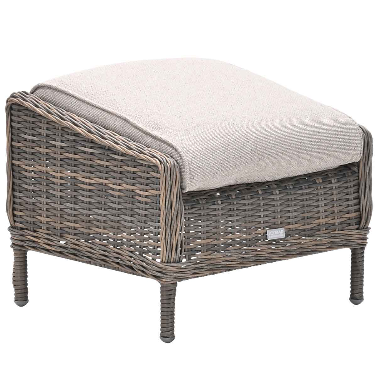 A gray wicker ottoman with a light beige cushion. The ottoman has a rectangular shape.