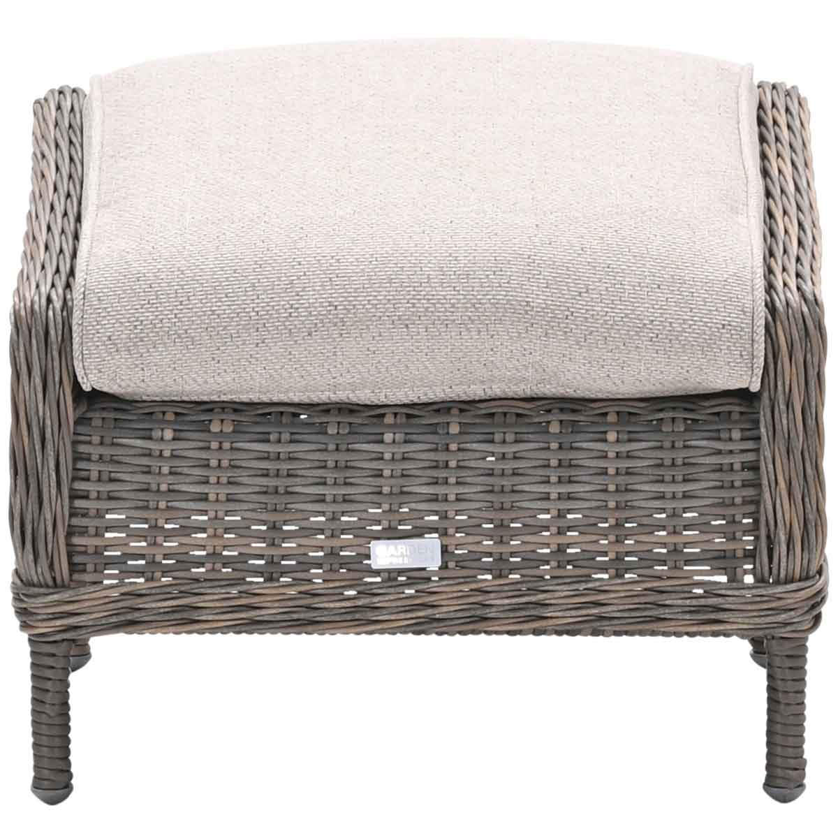 A gray wicker ottoman with a light beige cushion. The ottoman has a rectangular shape.