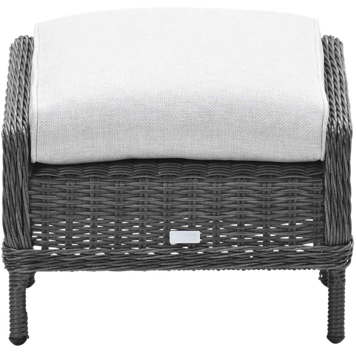 Wicker footstool with a light cushion, on a white background.